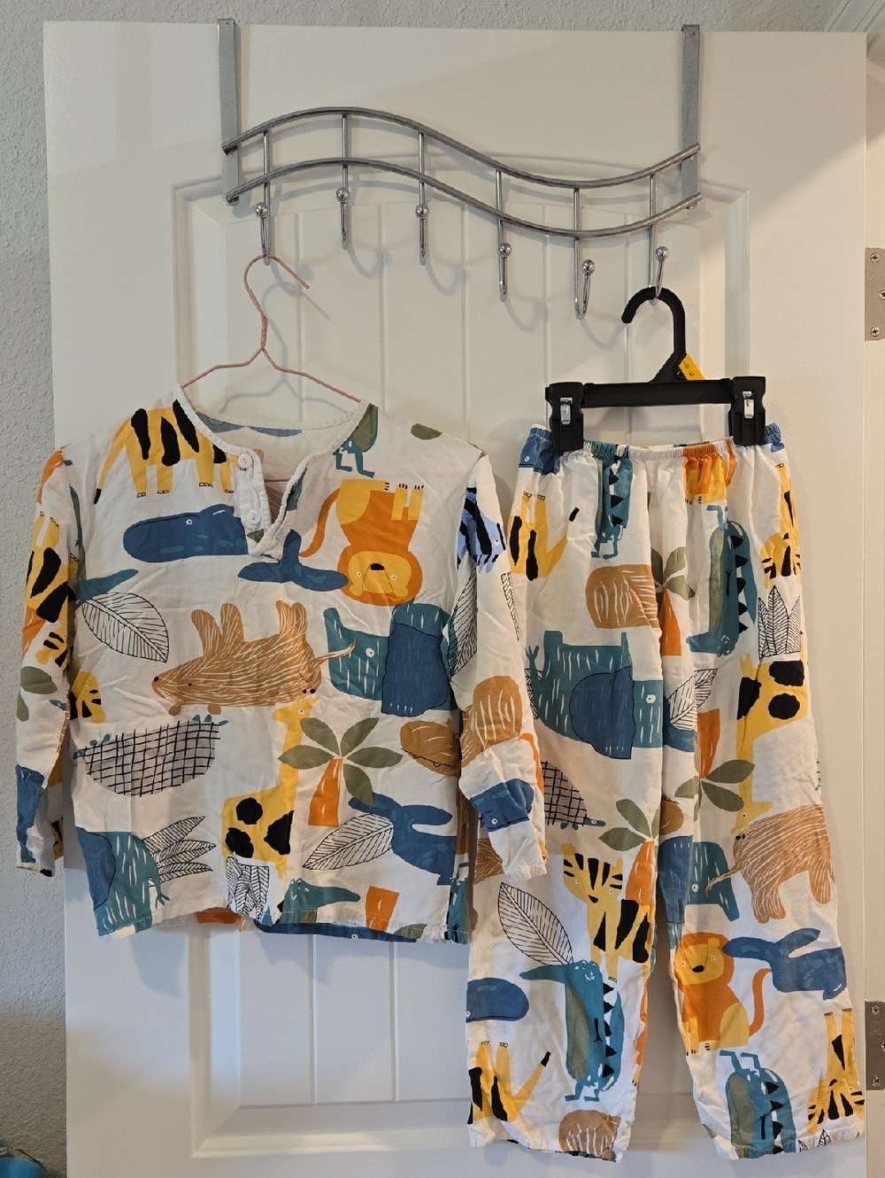 Kids Animal Print Pajama Set in White, Blue & Yellow